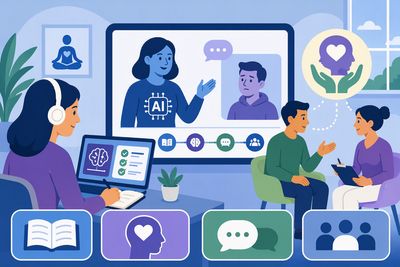 An AI-generated image showing people using technology to do health coaching research.